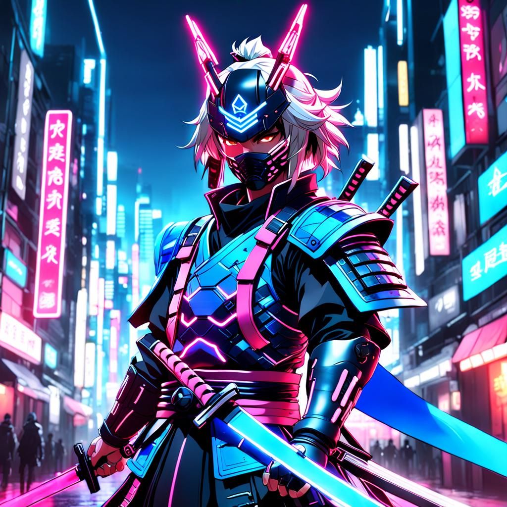 Cyber Samurai in Neon City, Anime Style