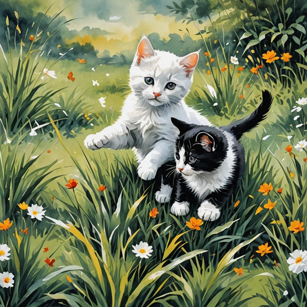Kittens Playing in Grass, Chinese Watercolor Style