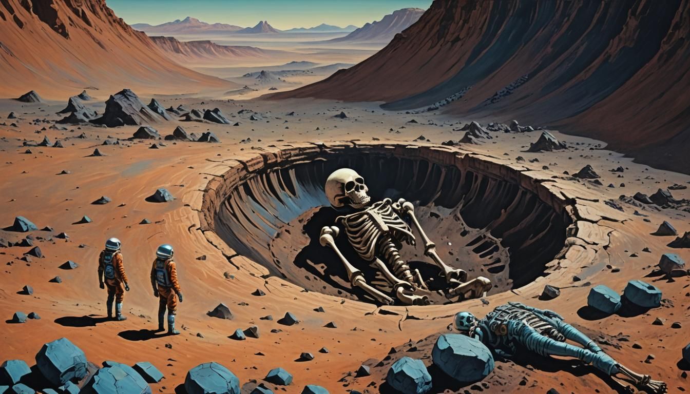 Giant Alien Skeleton on Distant Planet: Retro Sci-Fi