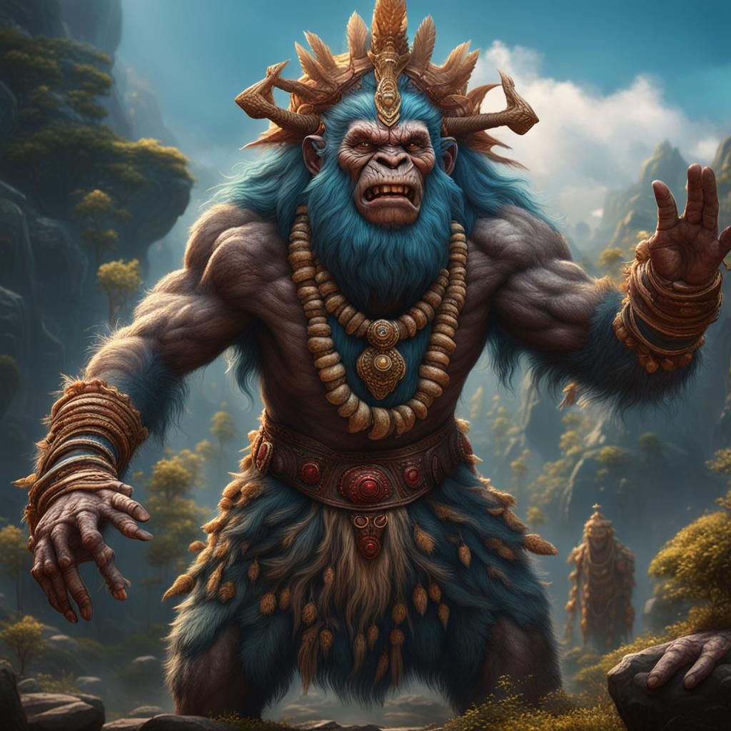 Yeti Enthralled by Naga Dancer: Fantasy Art