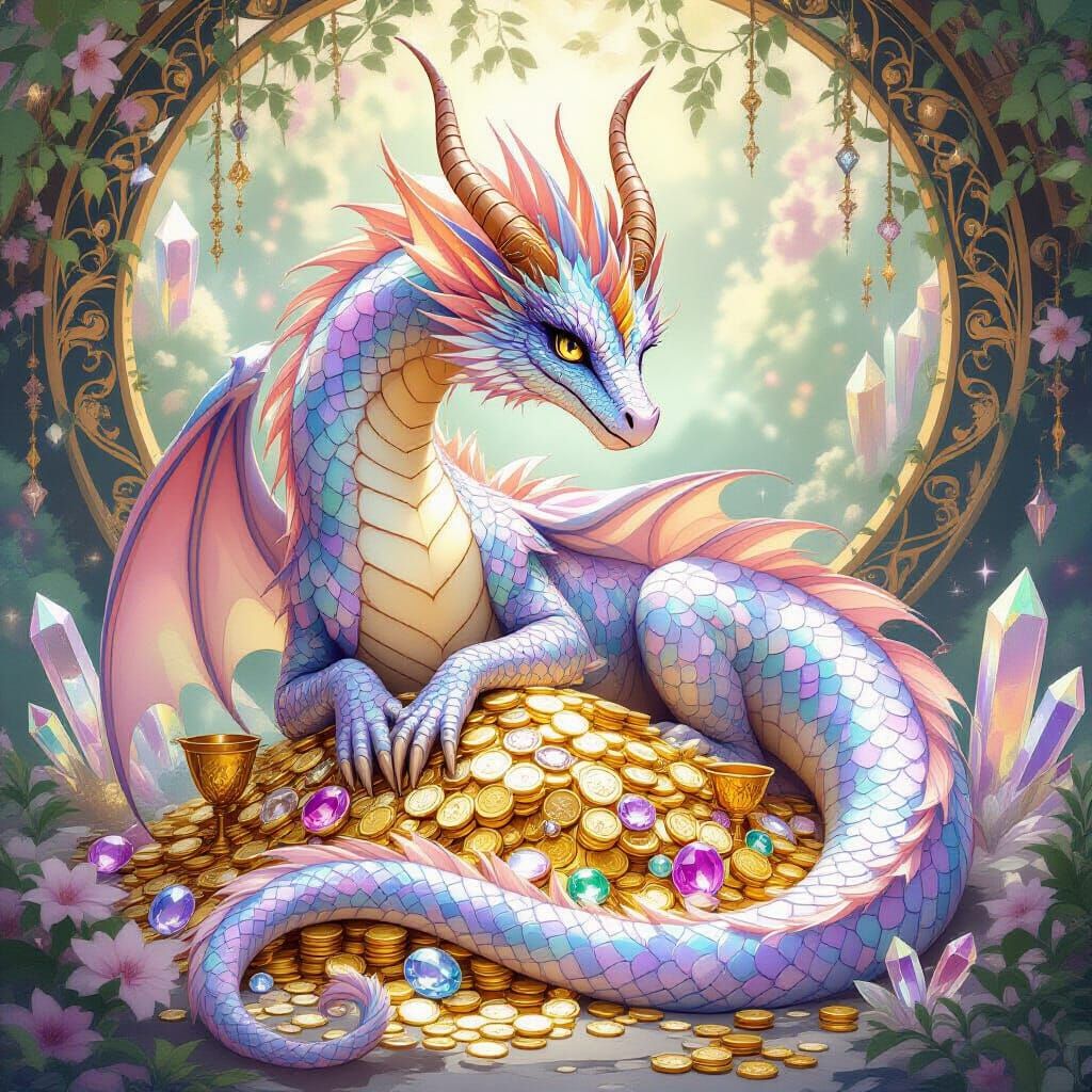 Majestic Dragon Guarding Treasure in Art Nouveau Style