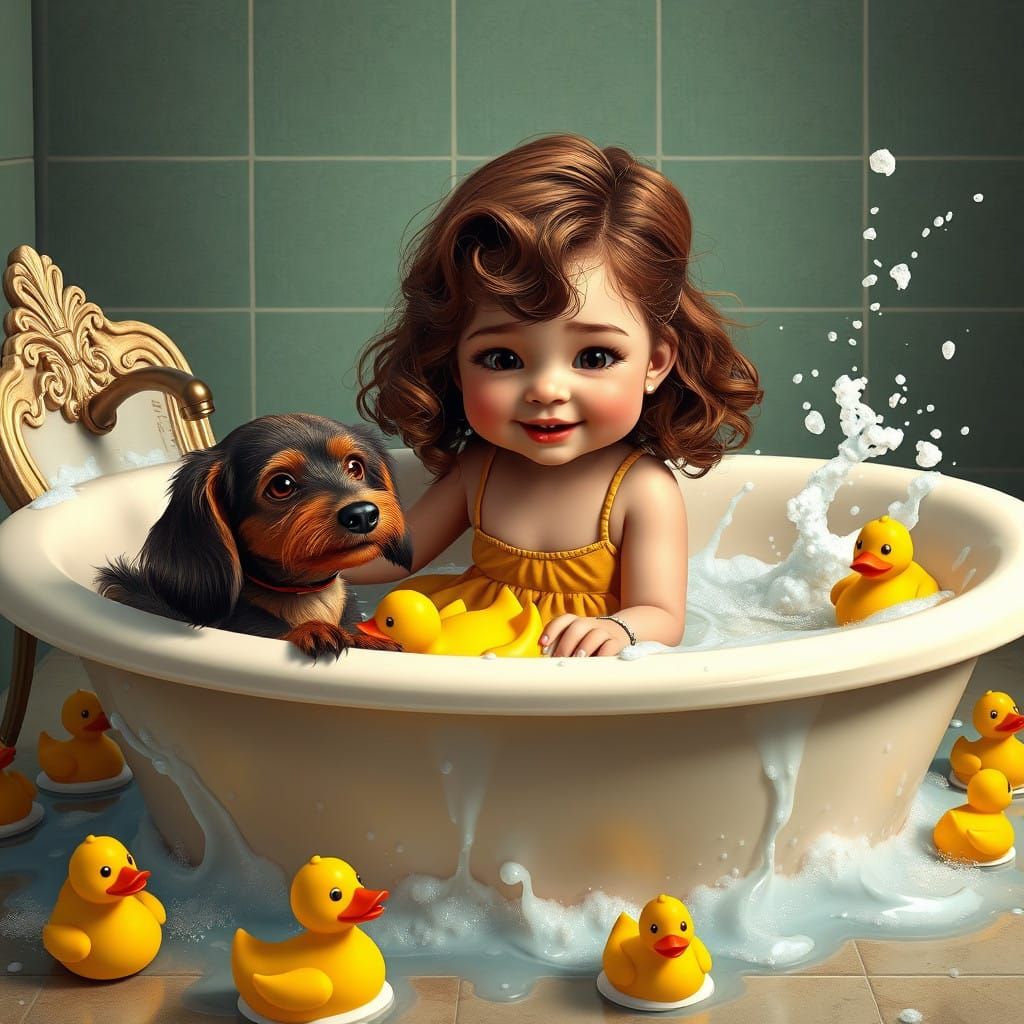 Little Girl Plays with Dachshund in Whimsical Vintage Tub Sc...