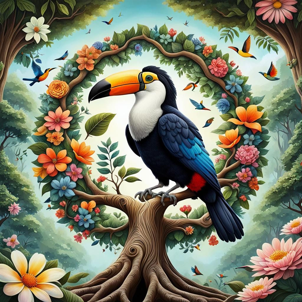 Colorful Toucan Bird Amongst Flowers and Tree of Life