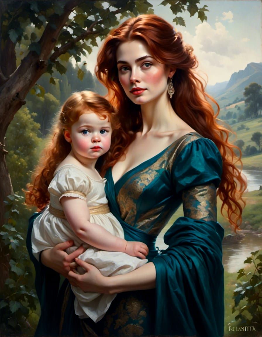 Woman with Auburn Hair Holding Baby Portrait