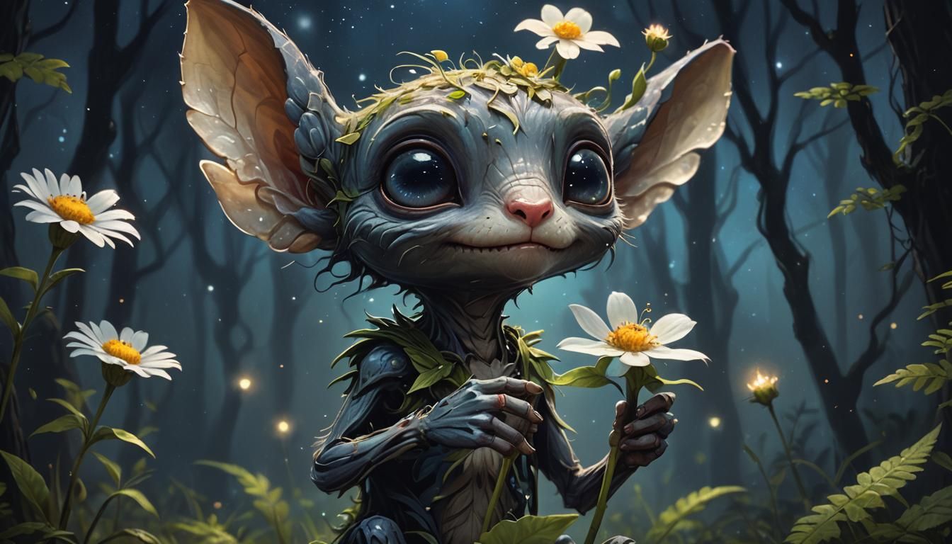 Tiny Creature with Flower in Starry Forest