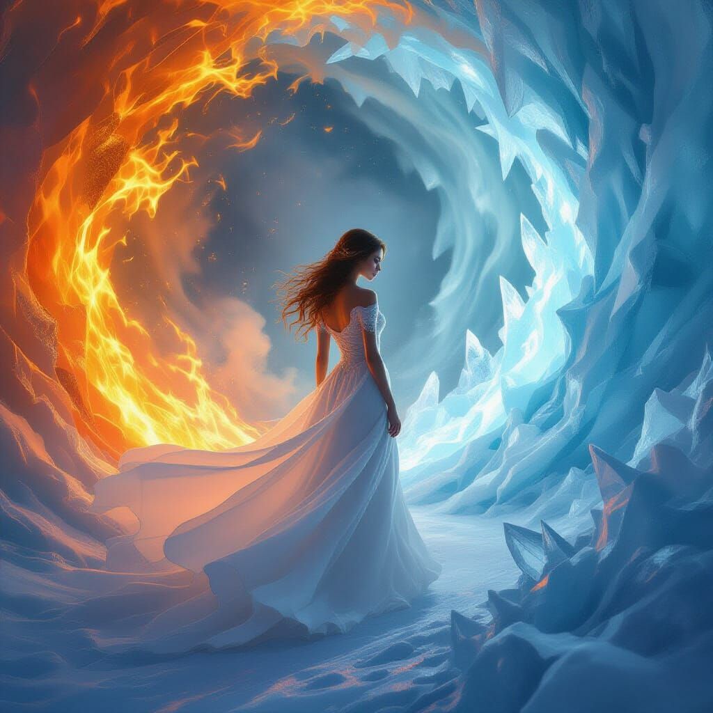 Woman in White Dress Amidst Fire and Ice Vortex