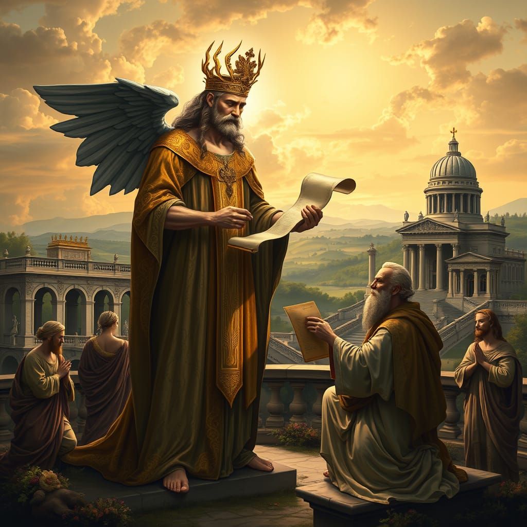 Mythological Deity Offers Scroll in Renaissance Setting