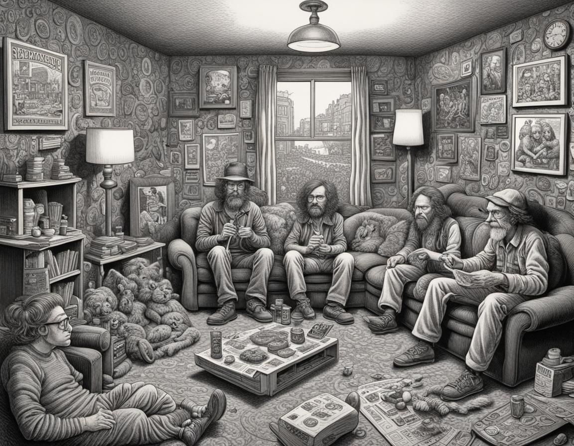 Satirical Hippie Living Room in Pen and Ink
