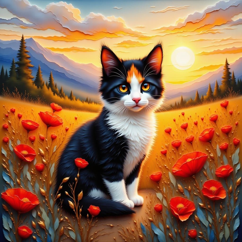 Fluffy Kitten in Poppy Field at Golden Hour