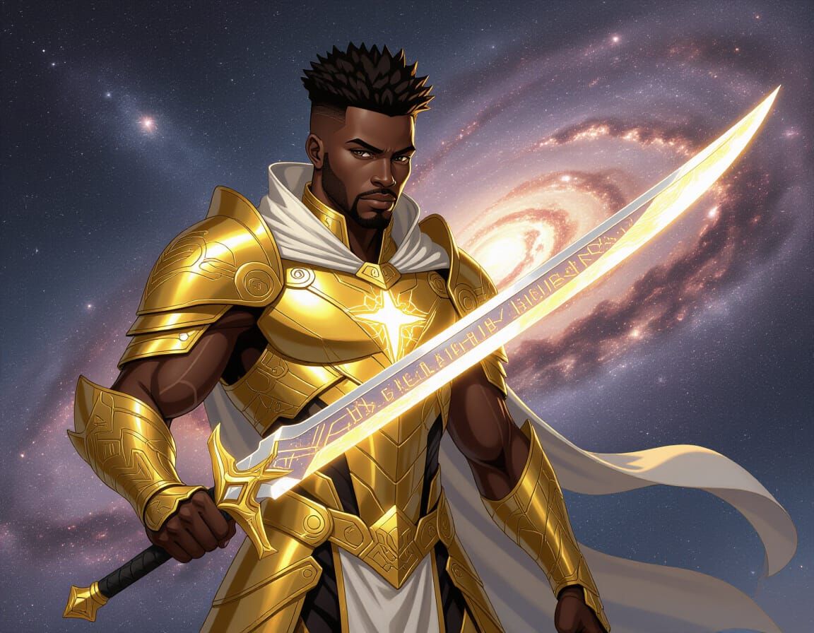 Afrofuturist Warrior with Cosmic Sword in Galaxy
