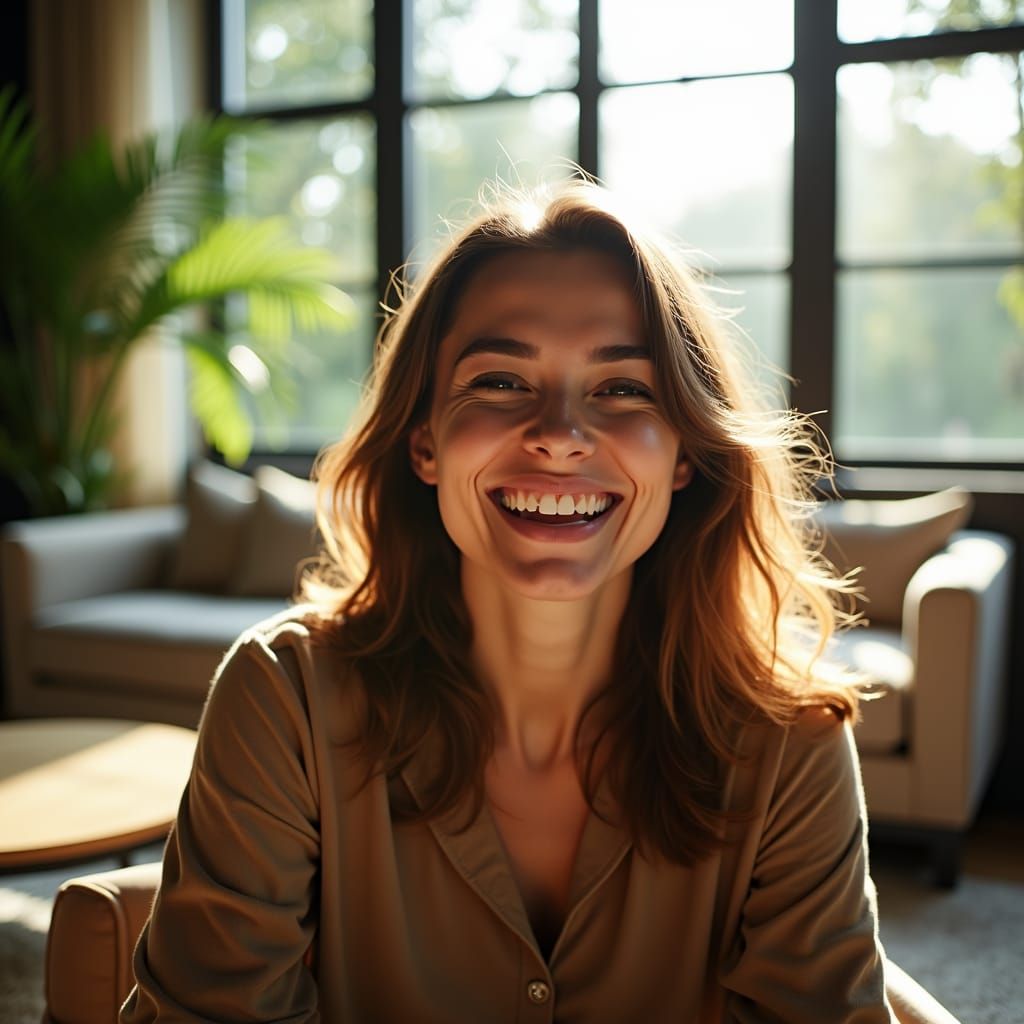 Happy Client Radiates Joy in Modern Living Room