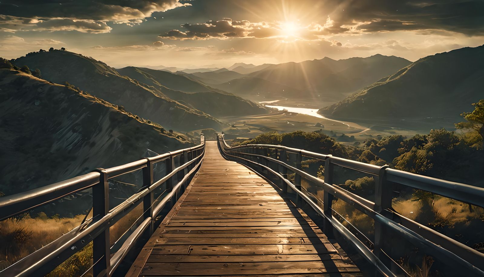 Scenic Bridge Between Hills in Comic Book Style