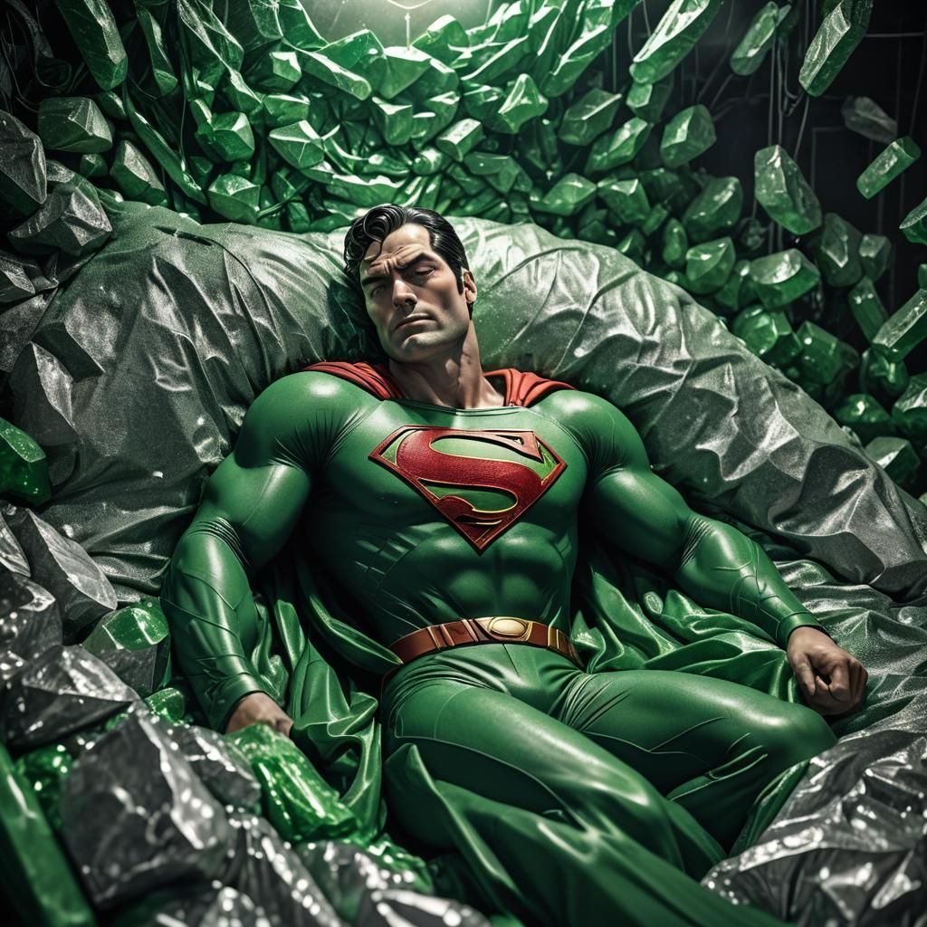 Hyperrealistic Superman Sleeps in Kryptonite Bed