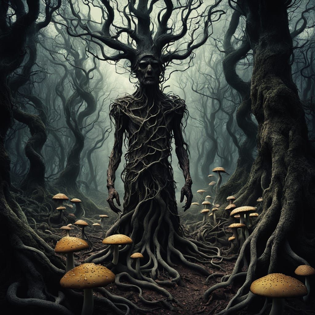 Surreal Figure in Dark Forest with Glowing Mushrooms