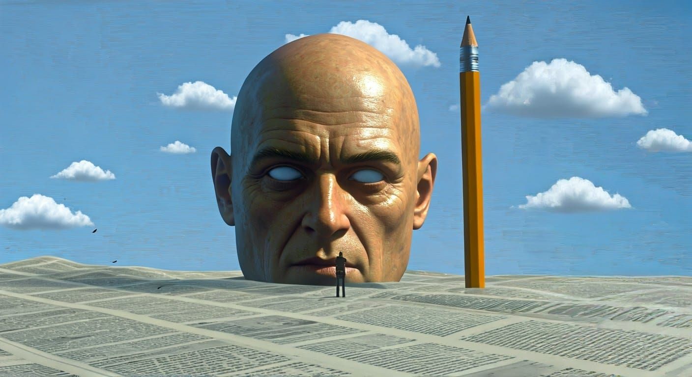 Surreal Giant Head on Newspaper Sea