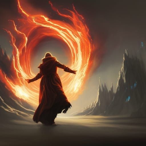 Wizard Summons Fireball: Dark Fantasy Art