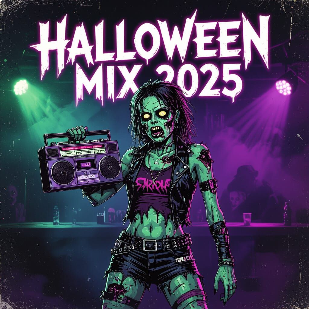 80s Zombie DJ Movie Poster with Neon Title