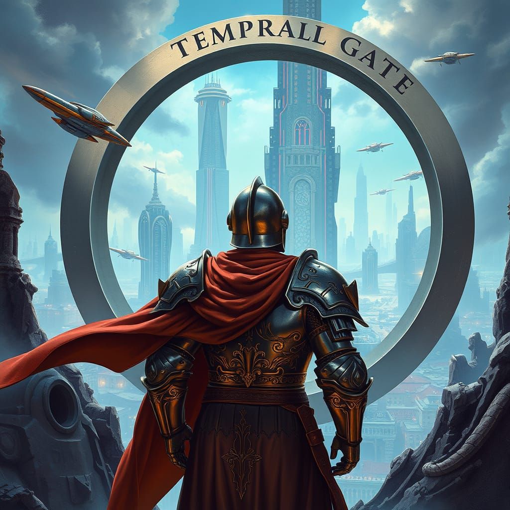 Knight Gazing Through Temporal Gate to Future City
