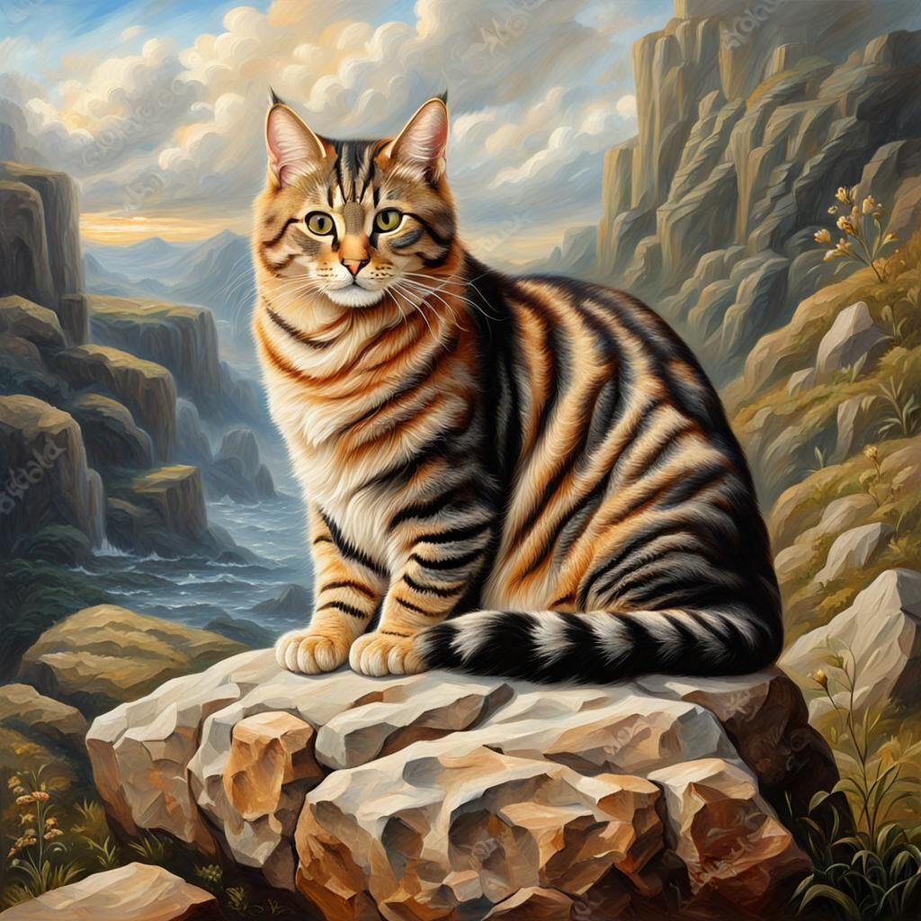 Tabby Cat on Rock in Renaissance Style