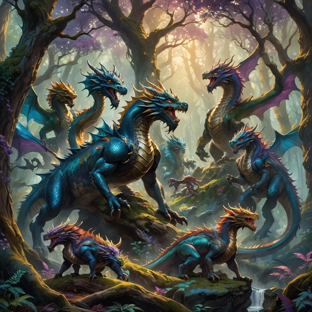 Mystical Warrior Dragons in Ancient Forest