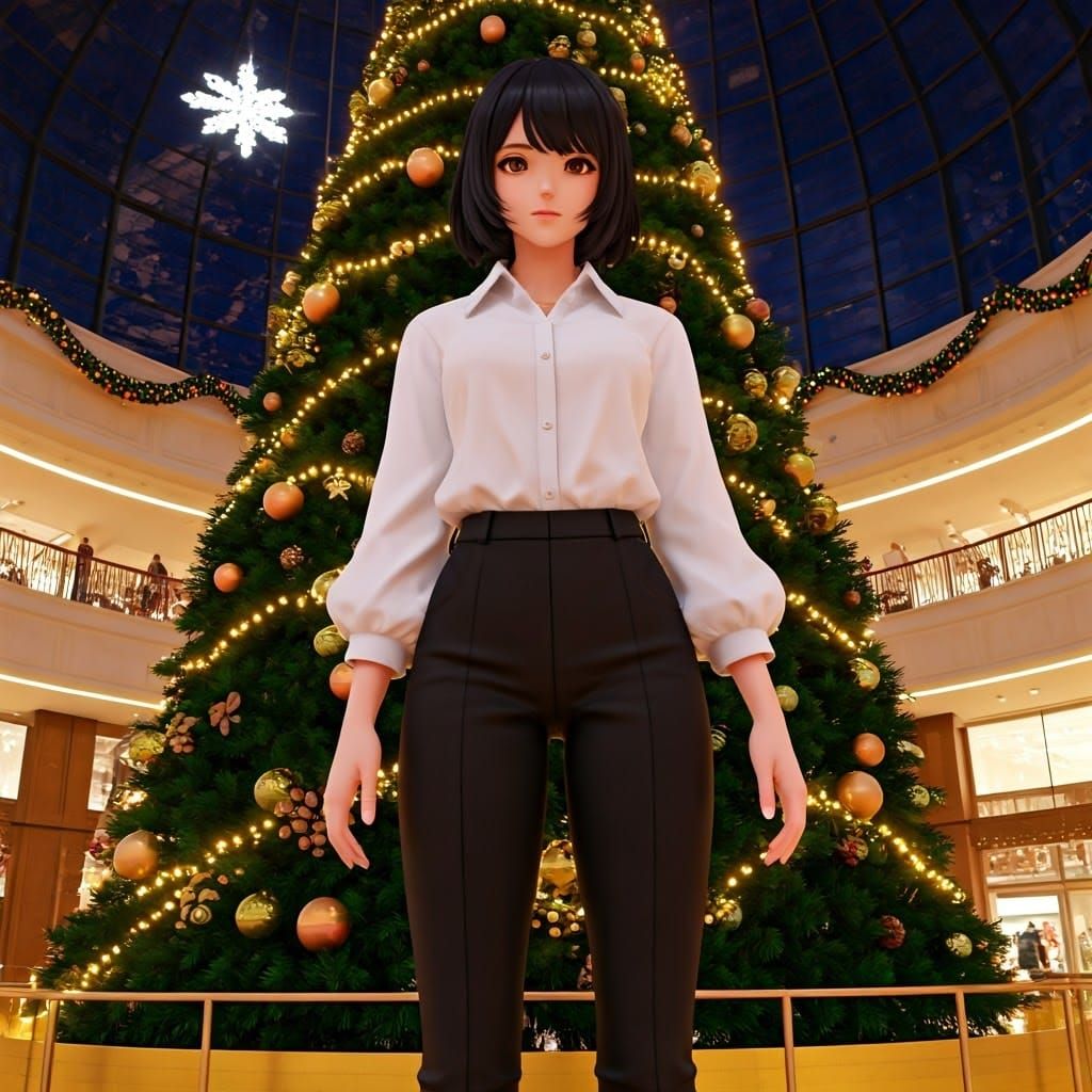 Elegant Women Adorn a Vibrant Christmas Tree in a Bustling M...