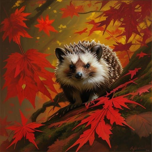 Hedgehog Peeking From Autumn Leaves Oil Painting