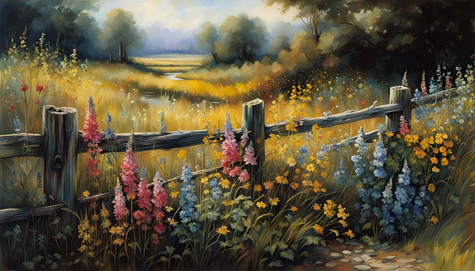 Wildflowers by a Brook in Watercolor Style