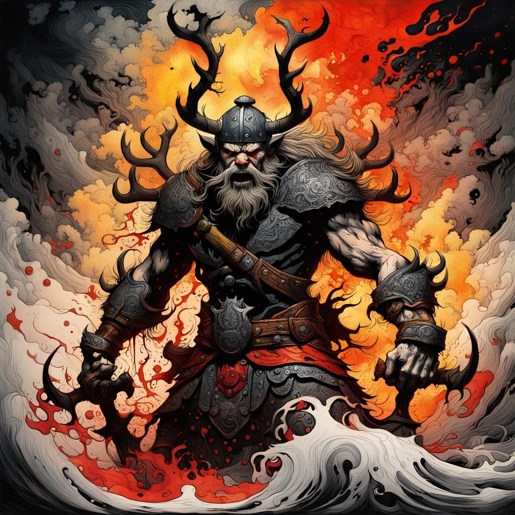 Shadow Viking Berserker with Antlers: Liquid Ink Art