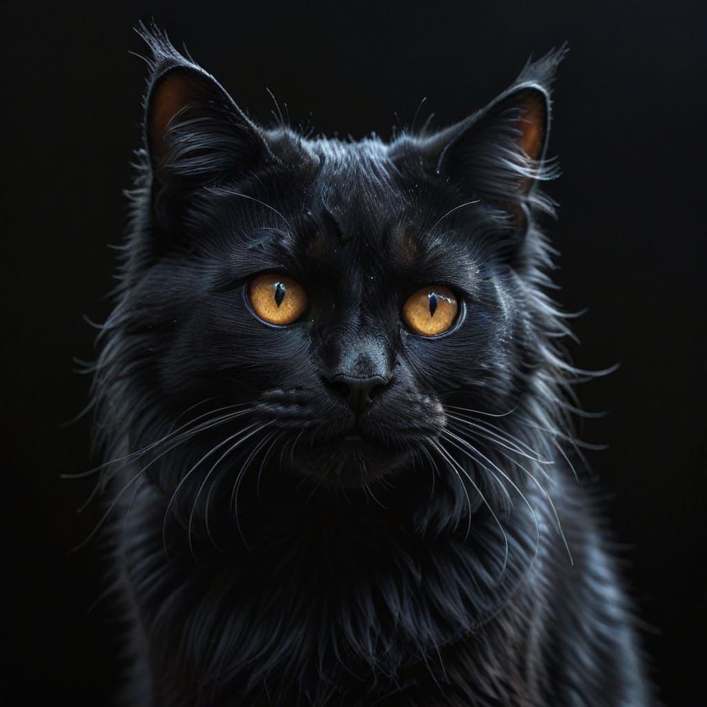 Fearful Black Cat in Dark Night Hyperrealistic Art