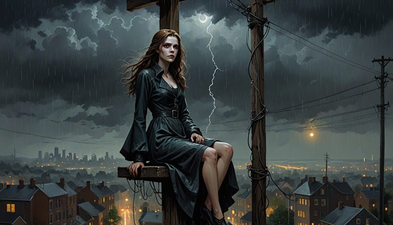 Vampire Woman on High-Voltage Wire in Gouache