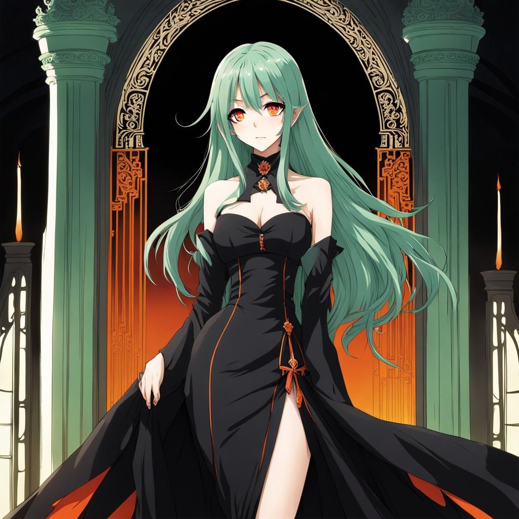 Anime Vampire Girl with Green Hair and Black Dress