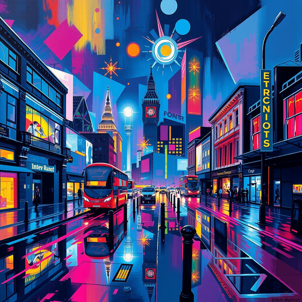 Nighttime London Skyline in Abstract Illusionist Style