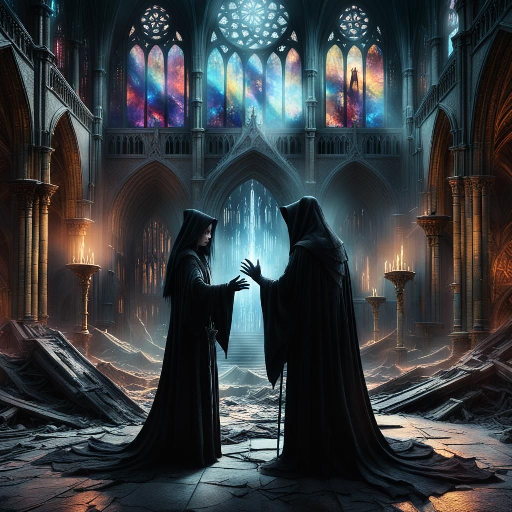 Ghostly Sorceress in Abandoned Cathedral: Dark Fantasy Art