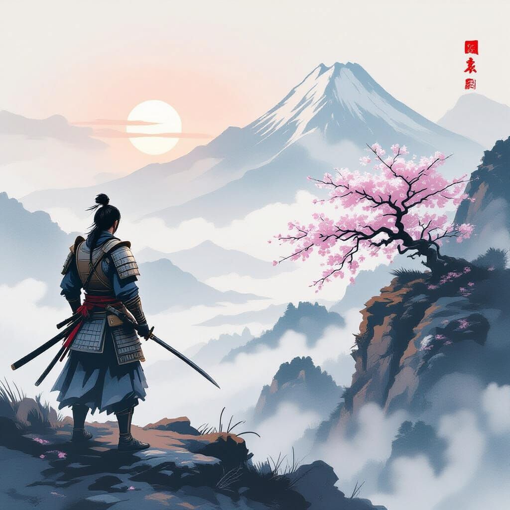 Stoic Samurai Overlooking Misty Valley in Ink Wash Style