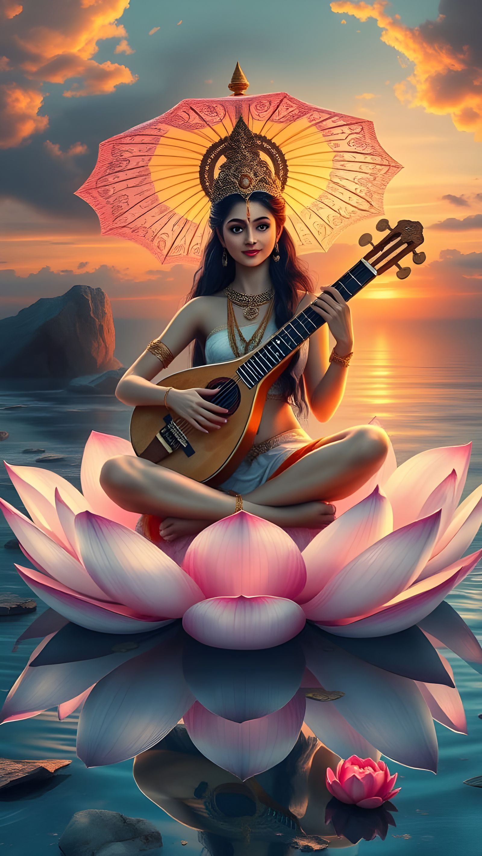 Youthful Vedic Goddess Saraswati Plays Sitar on Giant Lotus...