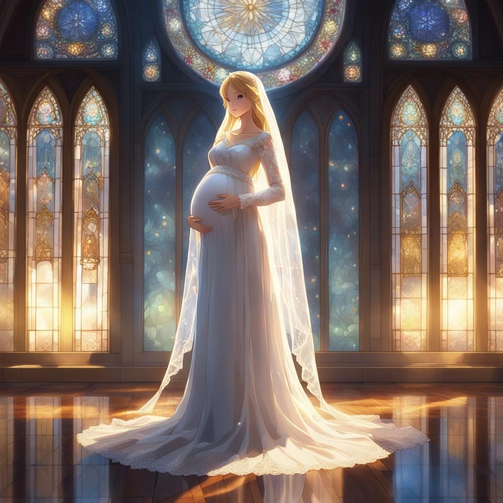 Pregnant Bride in Elegant Hall: 3D Anime Art