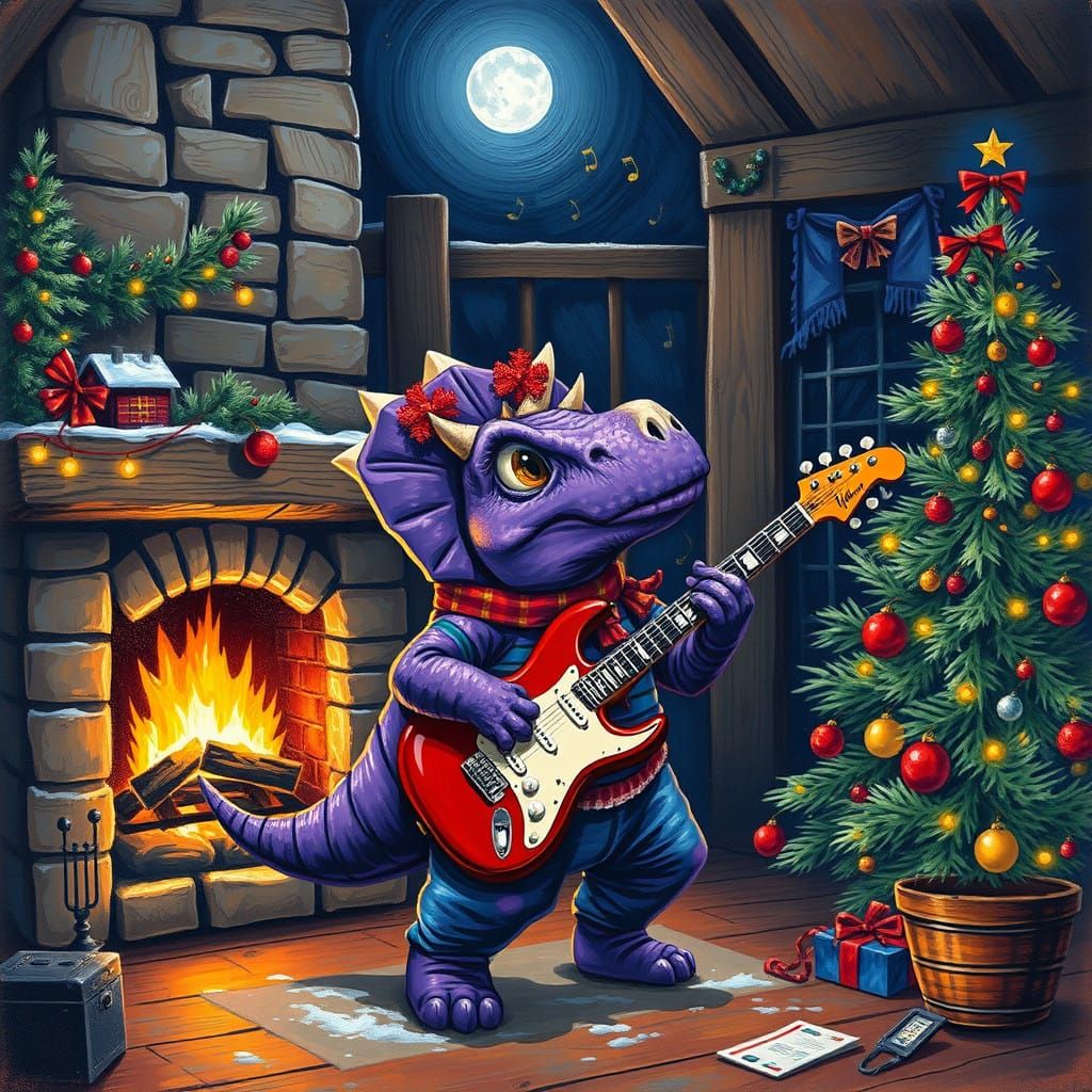 inside  depiction of a tiny,  Purple Triceratops dinosaur dr...