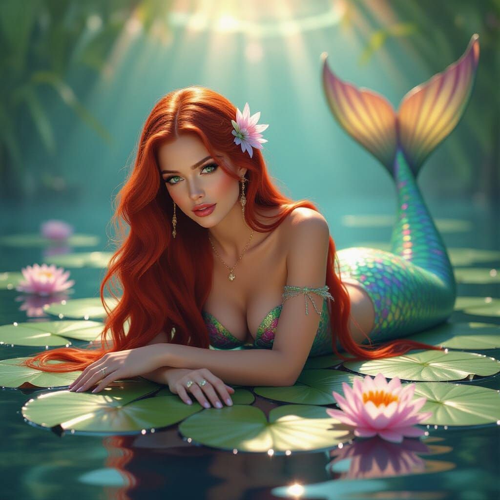 Hyperrealistic Mermaid on Water Lily Pad