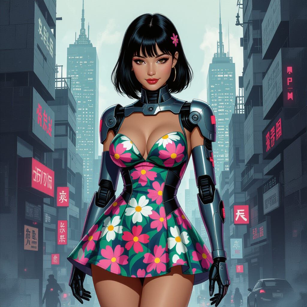 Futuristic Android Pin-Up in Gritty Metropolis