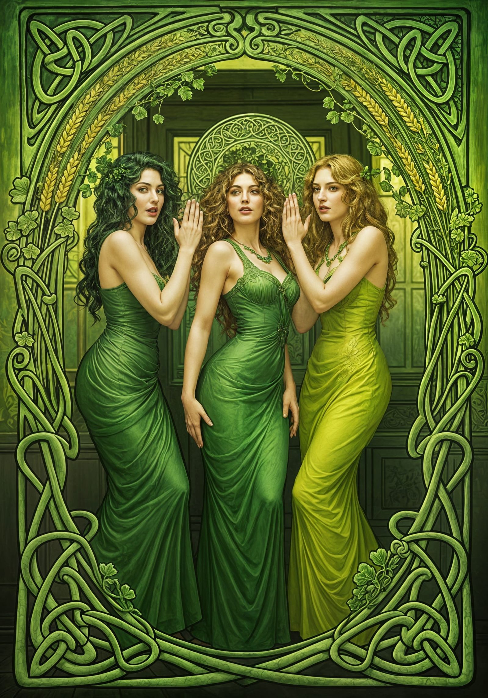 Art Nouveau Irish Women Block Leprechaun in Pub