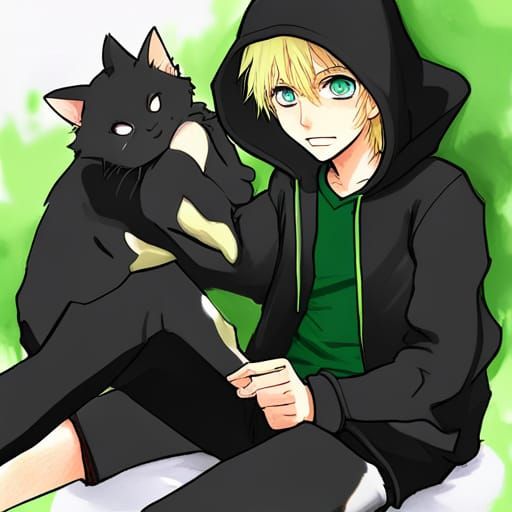 Anime Boy with Cat in Hoodie