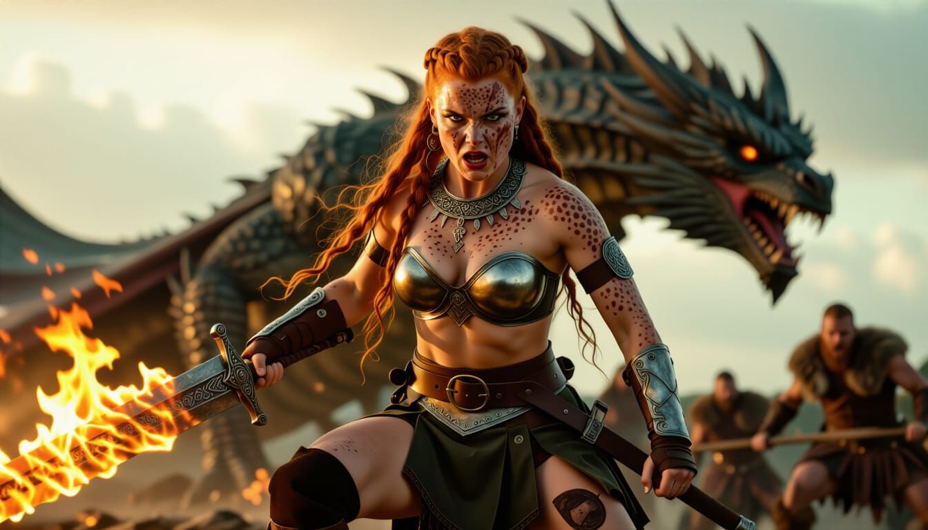 Fierce Viking Warrior with Flaming Sword in Battle