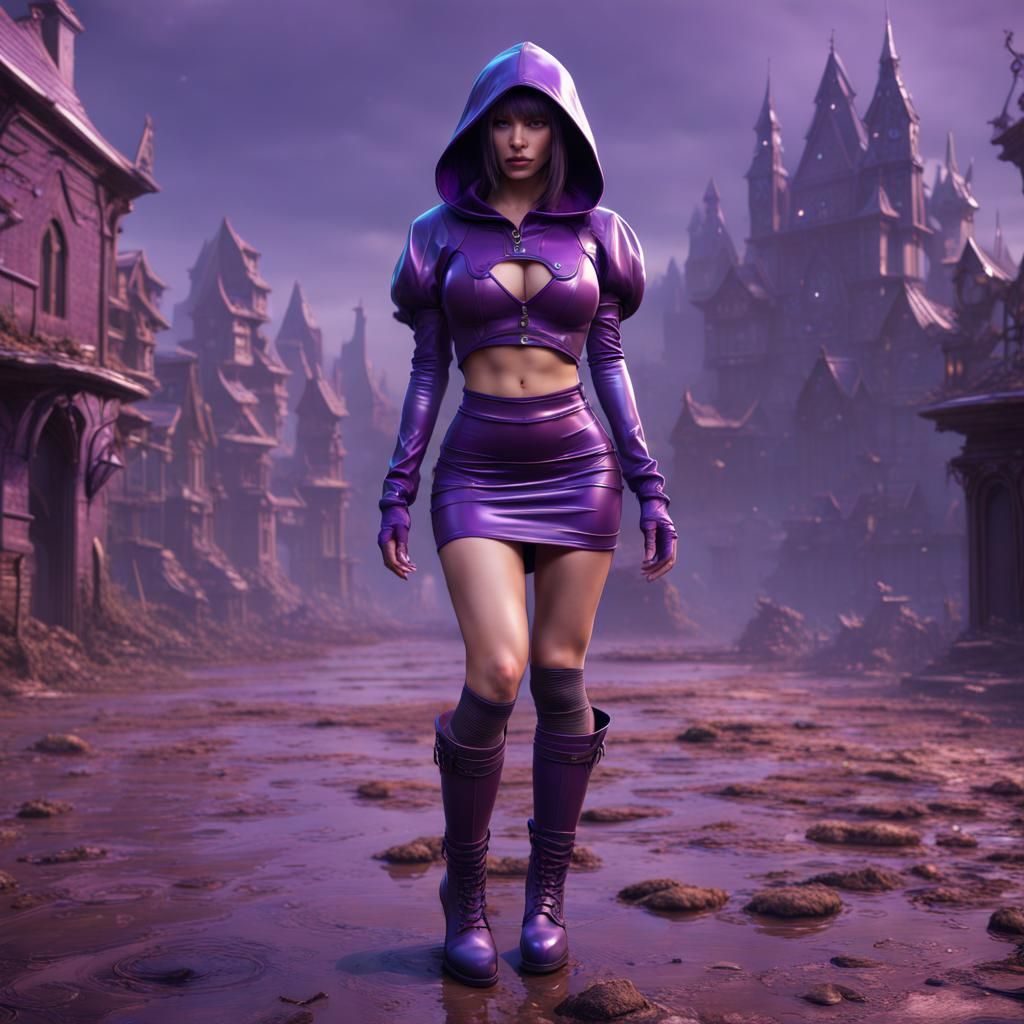 Woman in Purple Latex Outfit: Digital Art