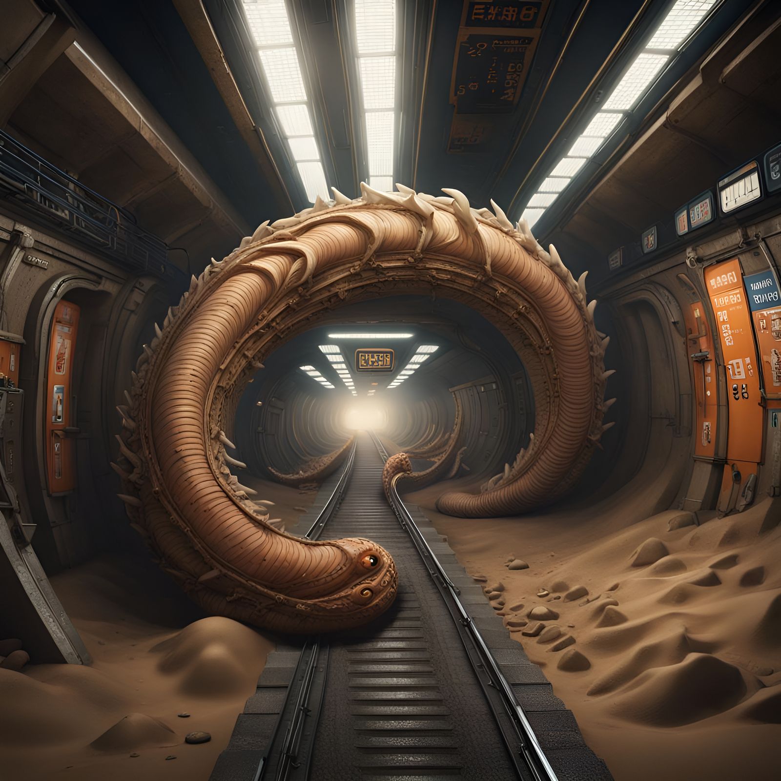 Dune Sandworm Disrupts Tokyo Subway in Detailed Painting