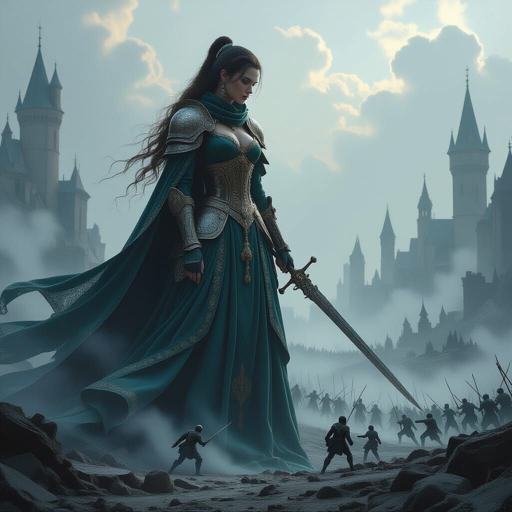 Medieval Giantess Surveys Battlefield in Ethereal Light