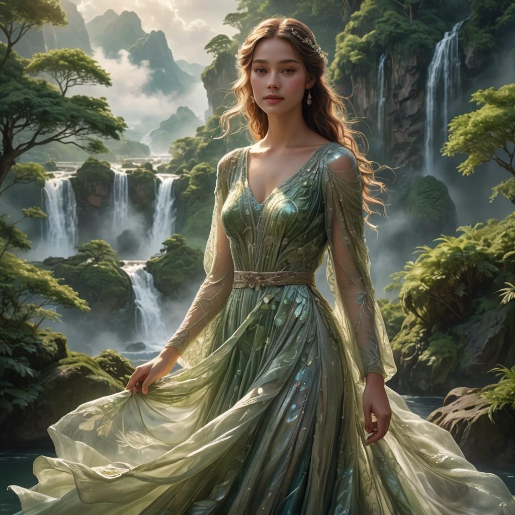 Girl in Cloud Dress Above Floating Islands