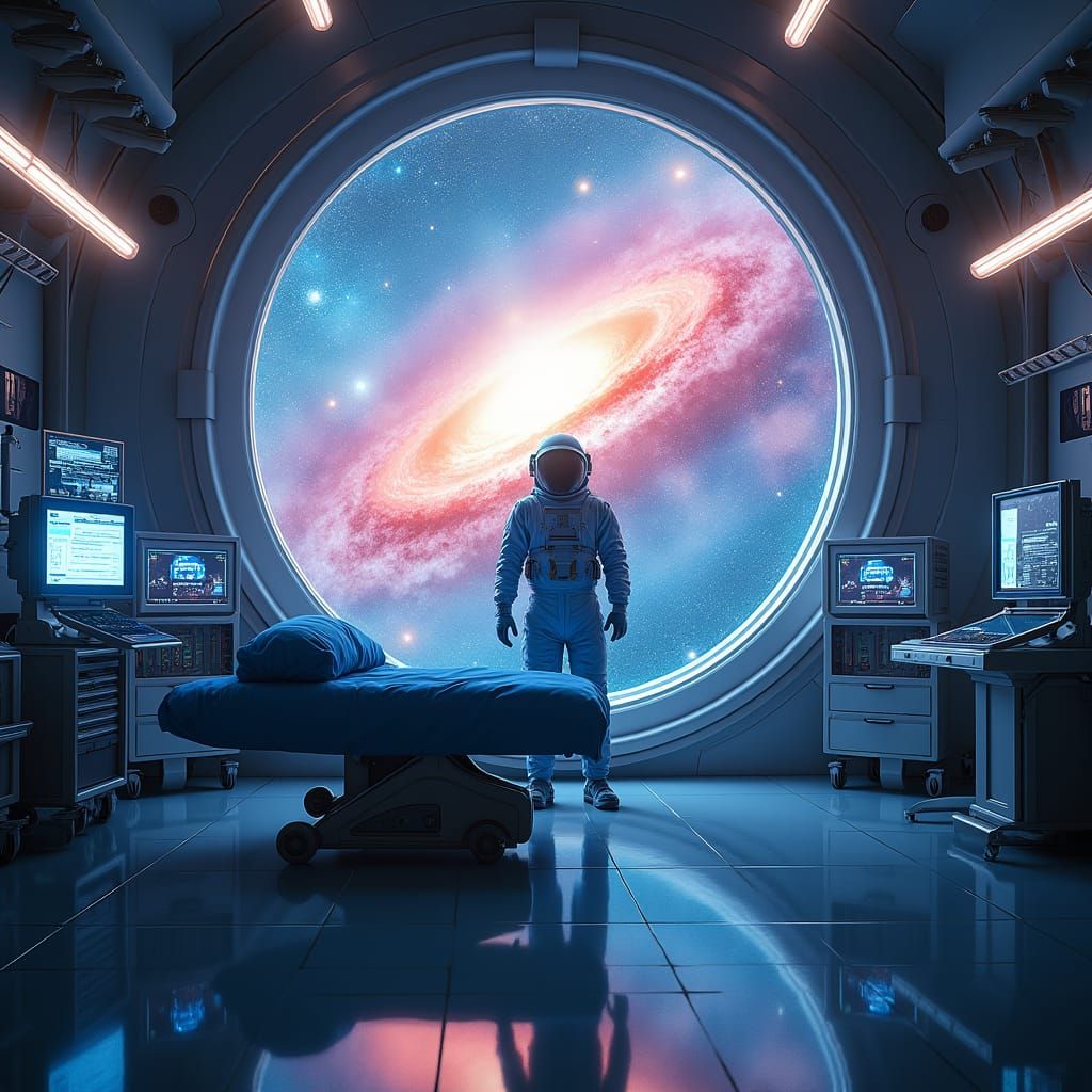 Astronaut in Futuristic Surgery with Nebula View