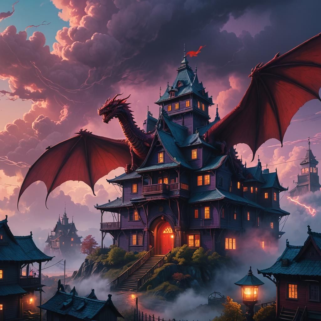Red Dragon Over Haunted House in Fantasy Art