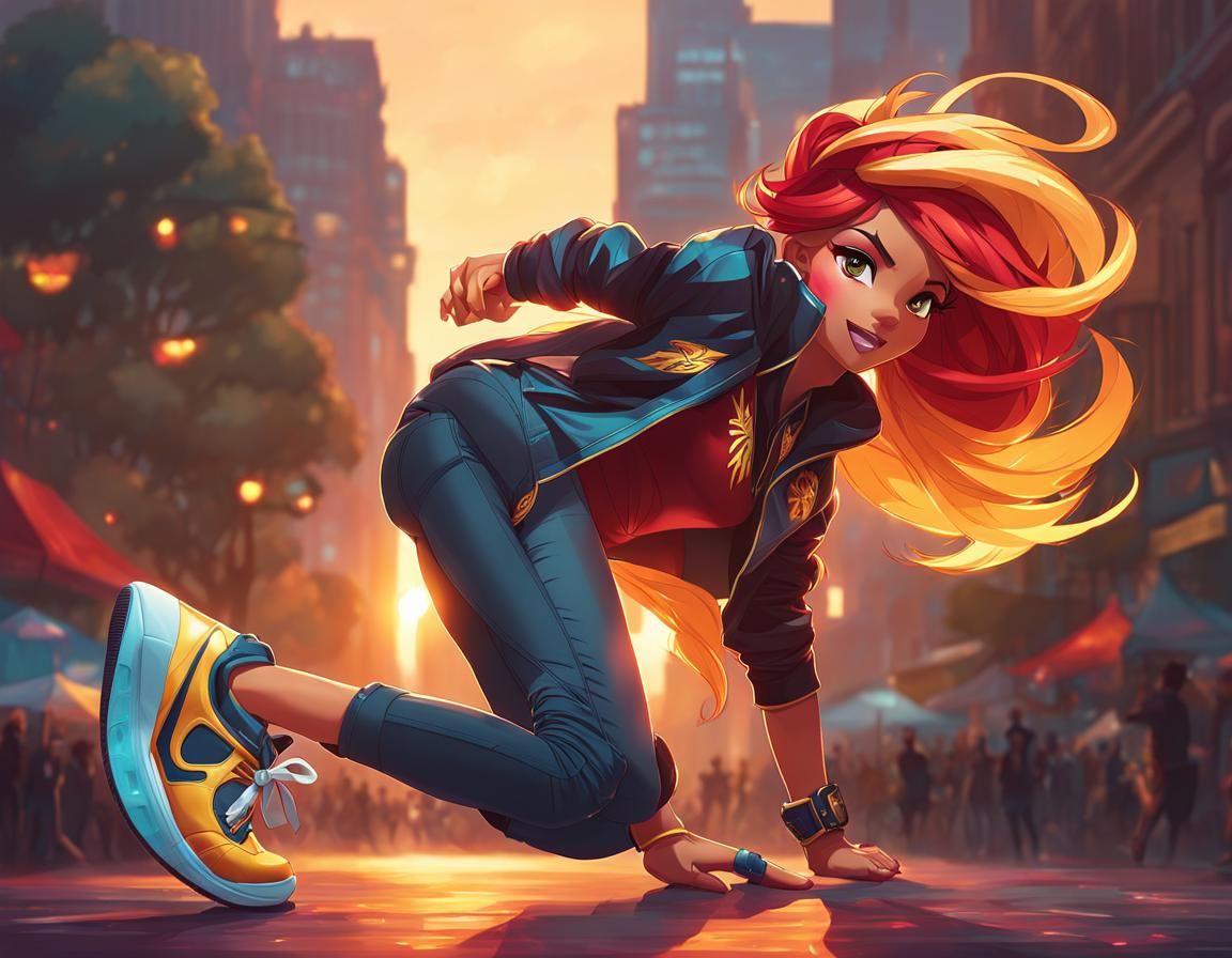 Sunset Shimmer Breakdancing: Hyperdetailed Concept Art