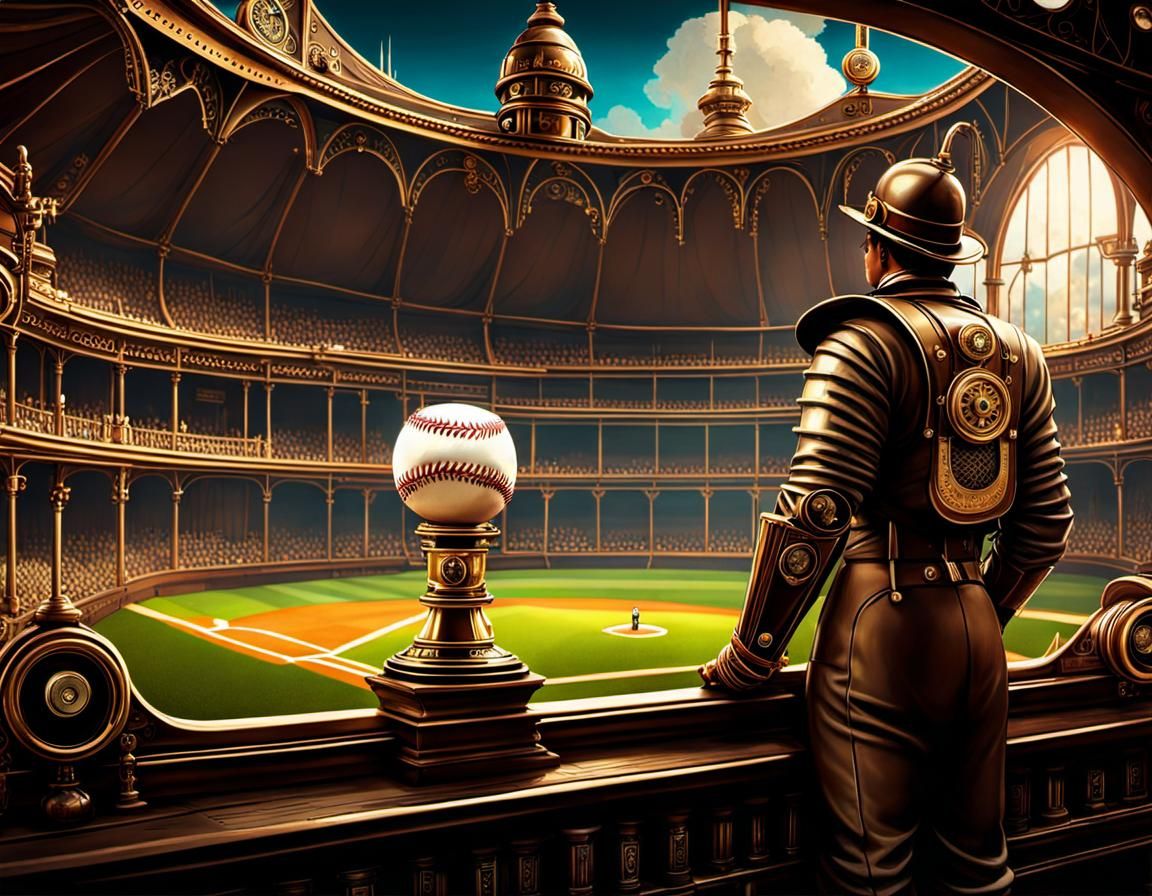 Steampunk Baseball Game in Retro-Futuristic Stadium